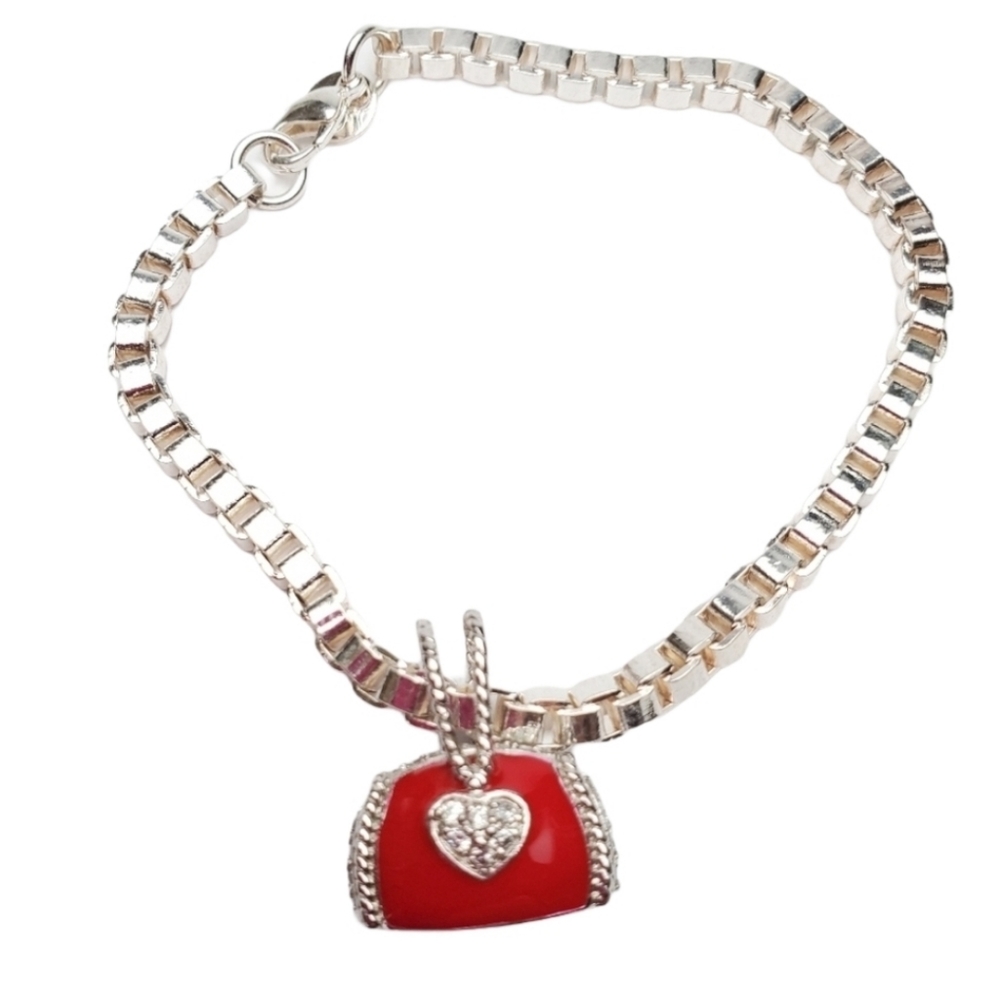 Red Purse 925 Silver Plated Bracelet enamel 7" *